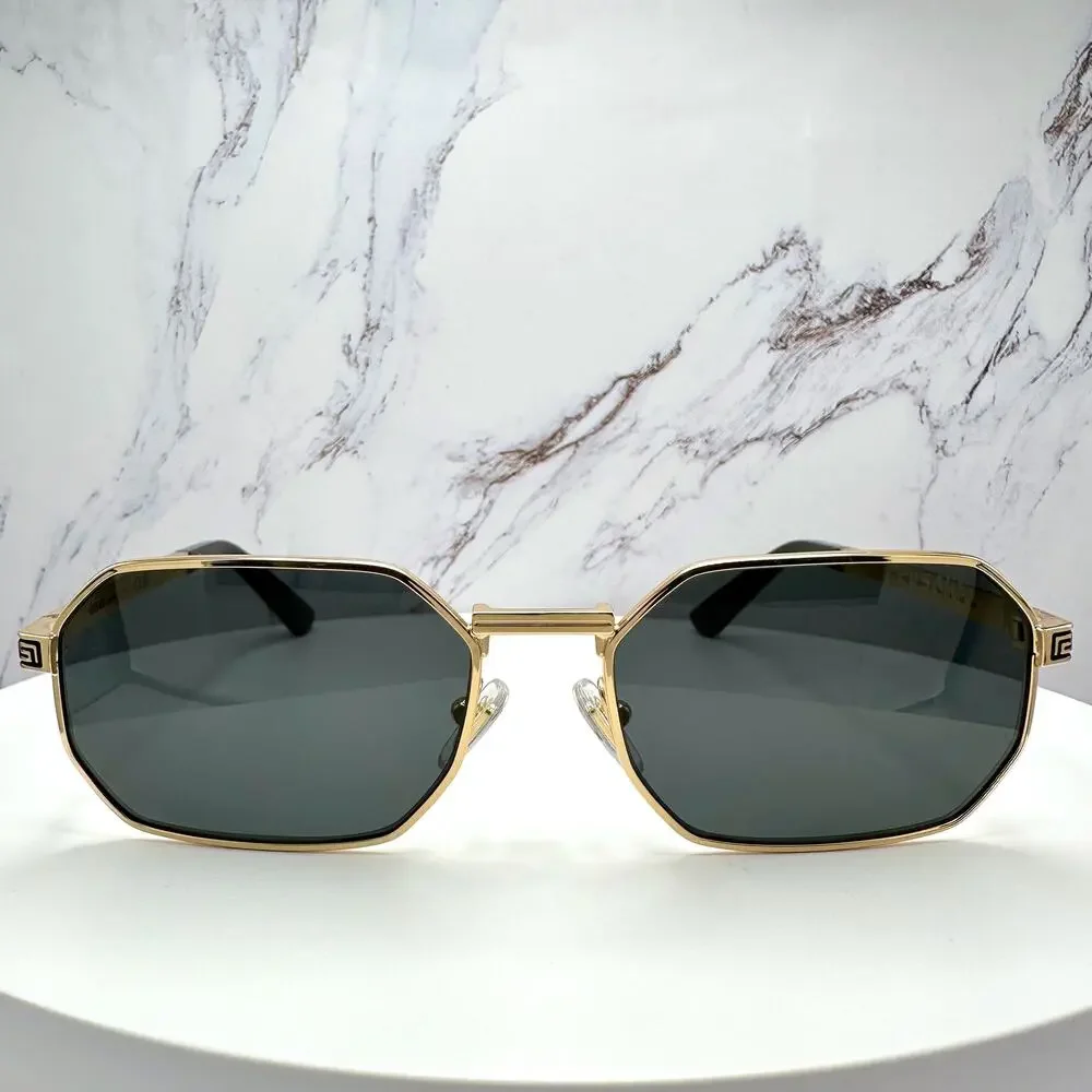 New VERSACE Sunglasses Gold Metal Rectangle Greca Logo Grey Lens Retro Authentic